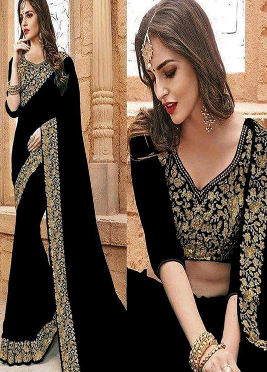 Embroidered Unstitched Chiffon Black Indian Saree D1365 Formal Wear