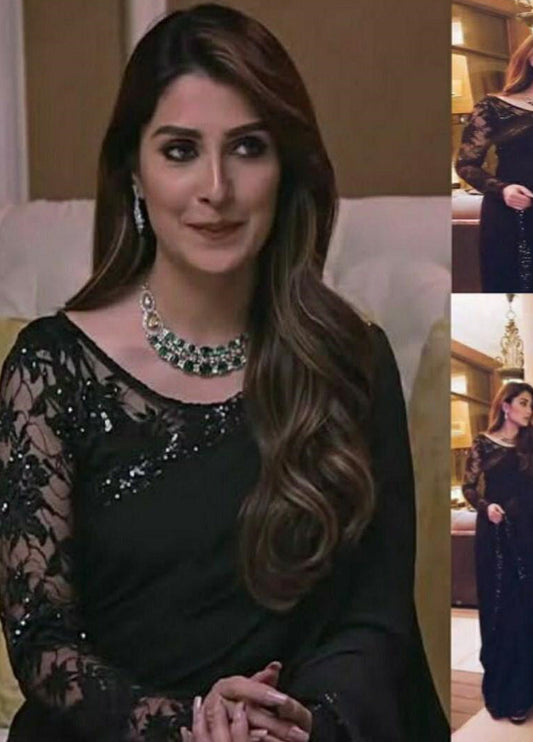 Embroidered Unstitched Chiffon Saree D1122 Ayeza Khan-Black-Formal Wear