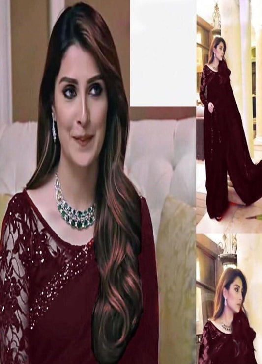 Embroidered Unstitched Chiffon Saree D1123 Ayeza Khan-Maroon-Formal Wear