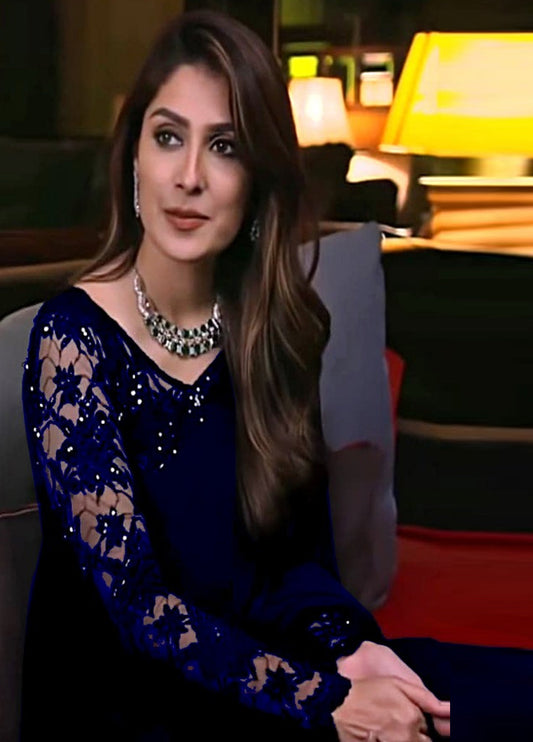 Embroidered Unstitched Chiffon Saree D1124 Ayeza Khan-N.Blue Formal Wear
