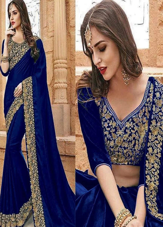 Embroidered Unstitched Chiffon D1120 Indian Saree N Blue -Formal Wear