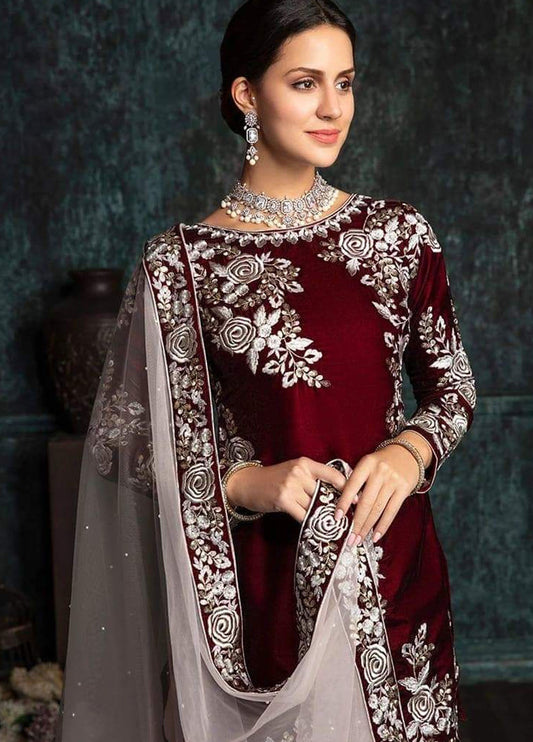 Embroidered Net 3 Piece Unstitched Suit D1265 Lashkaraa Silk-Maroon -formal Wear