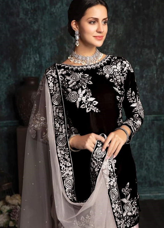 Embroidered Net 3 Piece Unstitched Suit D1264 Lashkaraa Silk-Black-formal Wear