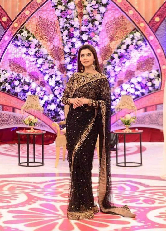 Embroidered Chiffon 3 Piece Unstitched Saree D1118 Nida Saree-Black-formal Wear