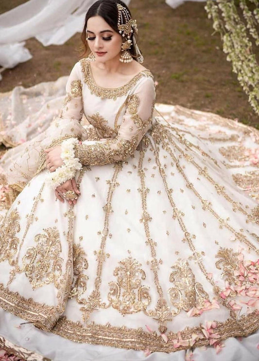 Embroidered Net 3 Piece Unstitched Frock D1250 Hira Mani-White -formal Wear